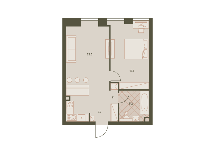 Двухкомнатная квартира 47.4 м²