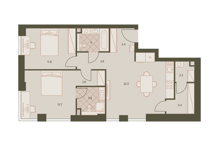 Трёхкомнатная квартира 70.4 м²