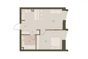 Двухкомнатная квартира 42.6 м²