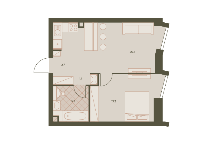 Двухкомнатная квартира 42.6 м²