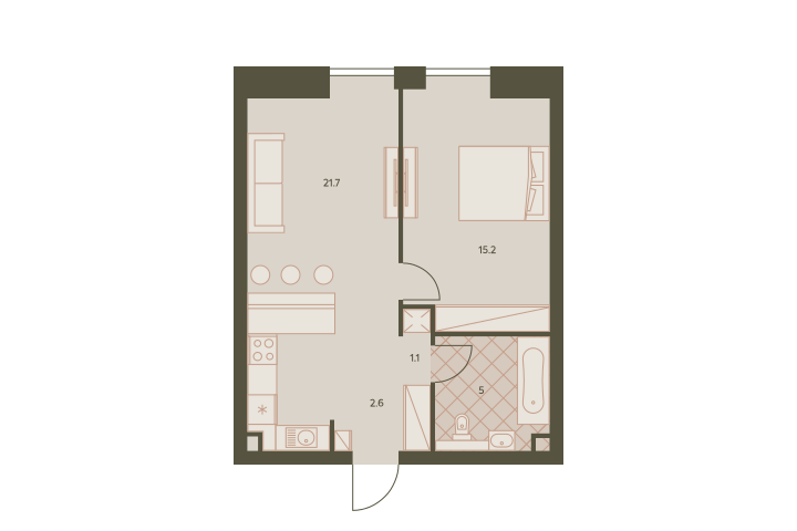 Двухкомнатная квартира 45.6 м²