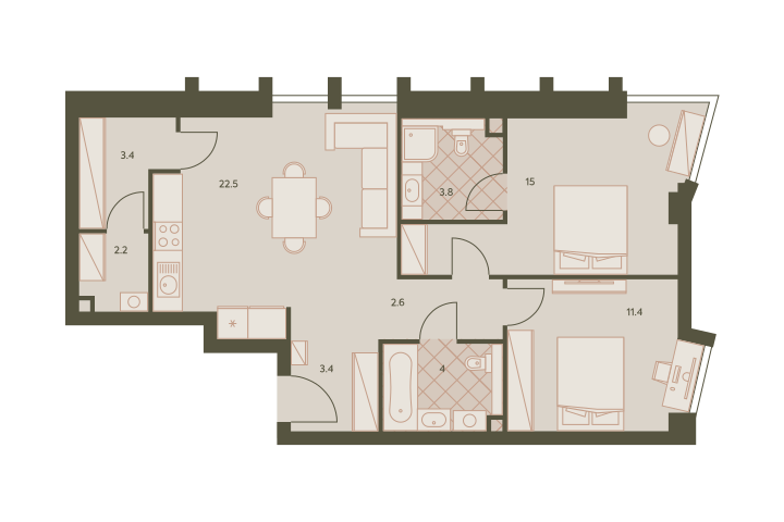 Трёхкомнатная квартира 68.5 м²