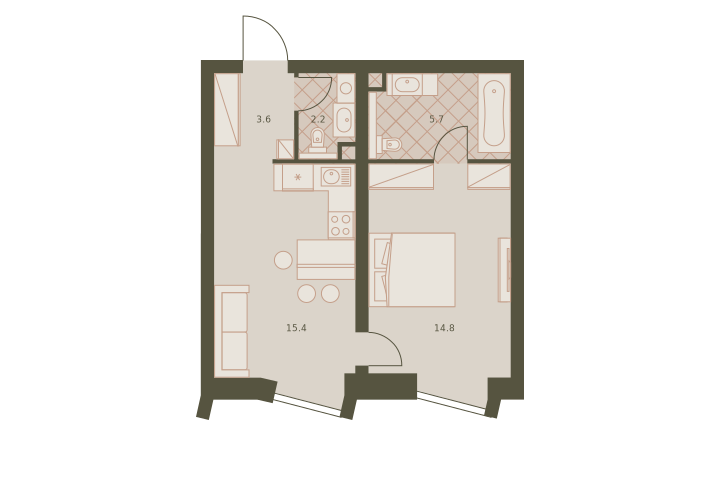 Двухкомнатная квартира 41.9 м²