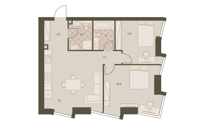 Трёхкомнатная квартира 66.4 м²