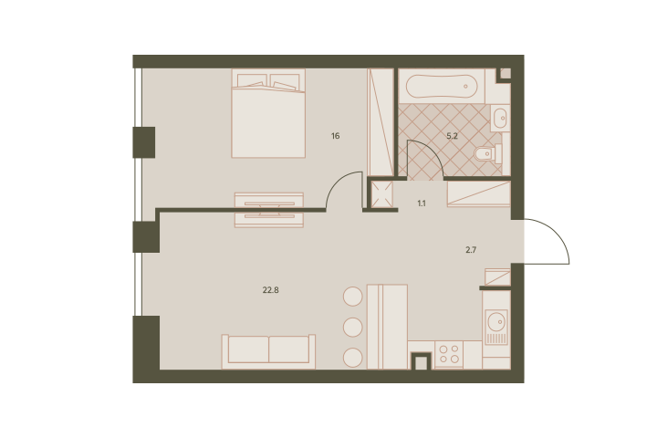Двухкомнатная квартира 47.5 м²