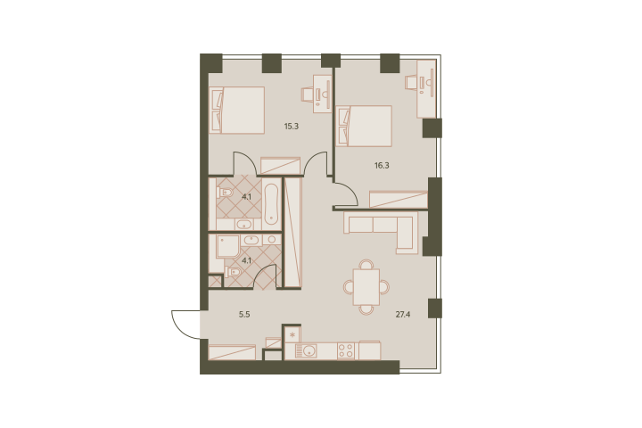 Трёхкомнатная квартира 73 м²