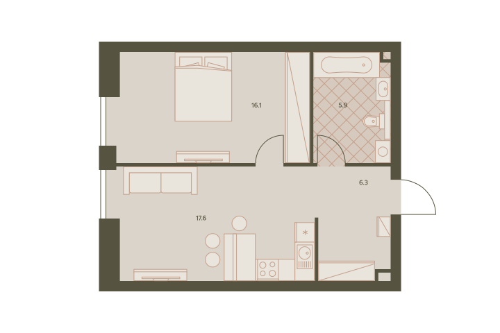 Двухкомнатная квартира 45.7 м²