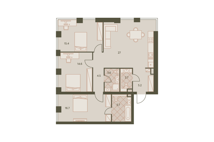 Четырёхкомнатная квартира 96.5 м²