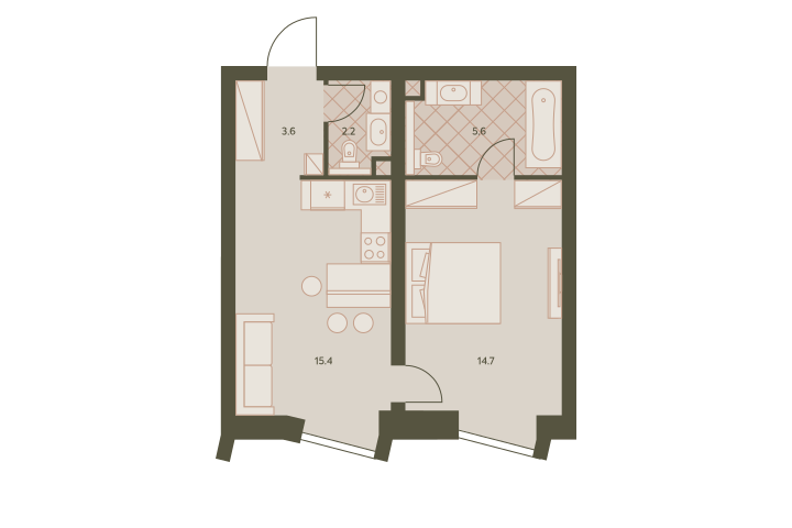 Двухкомнатная квартира 42.1 м²