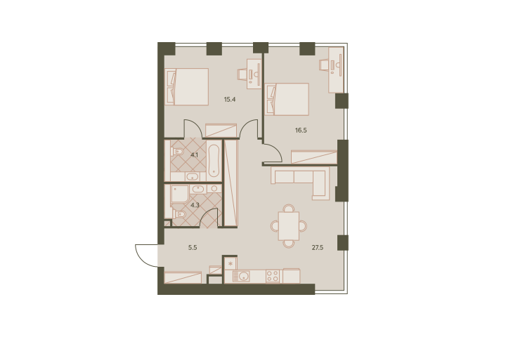 Трёхкомнатная квартира 73.3 м²