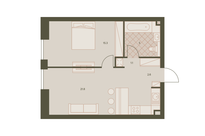 Двухкомнатная квартира 45.8 м²