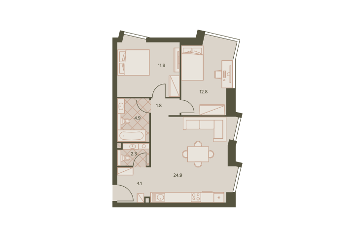 Трёхкомнатная квартира 63.2 м²